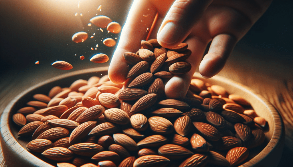 A close-up view of a handful of nuts and almonds, possibly gently falling onto a surface. The image is illuminated in a way that creates a play of lig