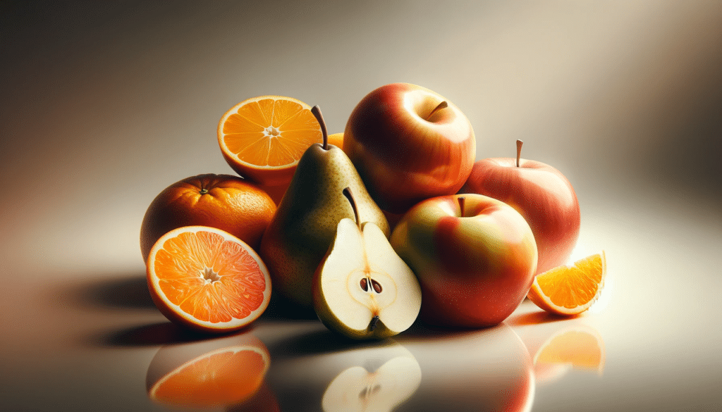 A composition of apples, pears, and citrus fruits, possibly sliced to reveal the inside, set against a neutral background. The image should have soft