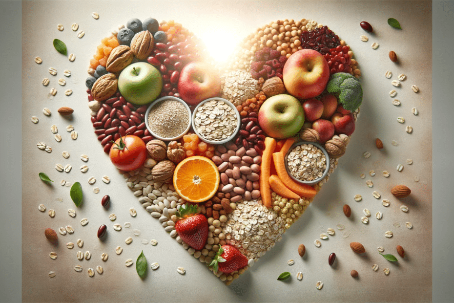 A heart-shaped arrangement made with various types of high-fiber foods like oats, legumes, and fruits. The heart is on a neutral background with sof