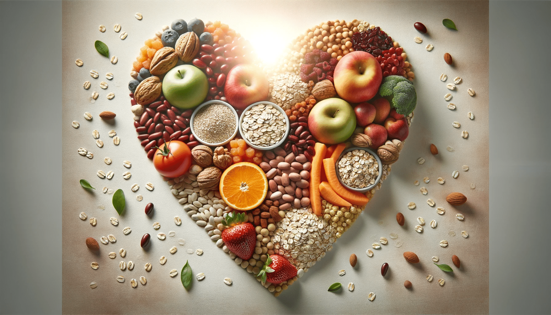 A heart-shaped arrangement made with various types of high-fiber foods like oats, legumes, and fruits. The heart is on a neutral background with sof