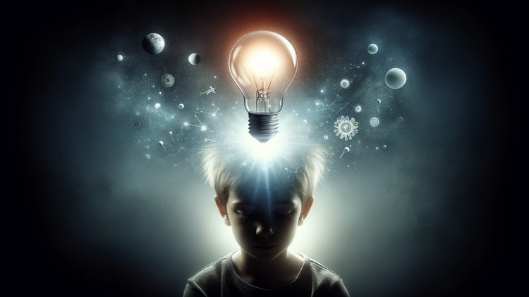 A light bulb lit above a child's head, representing a moment of 'eureka' discovery and innovation.