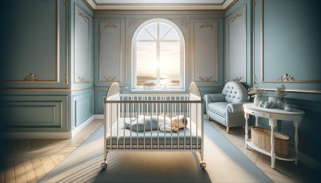 A panoramic, realistic view of an empty nursery crib in a room painted with soft Tiffany blue and ciano, with luxurious gray and gold accents. A large Do Nascimento ao Centenário