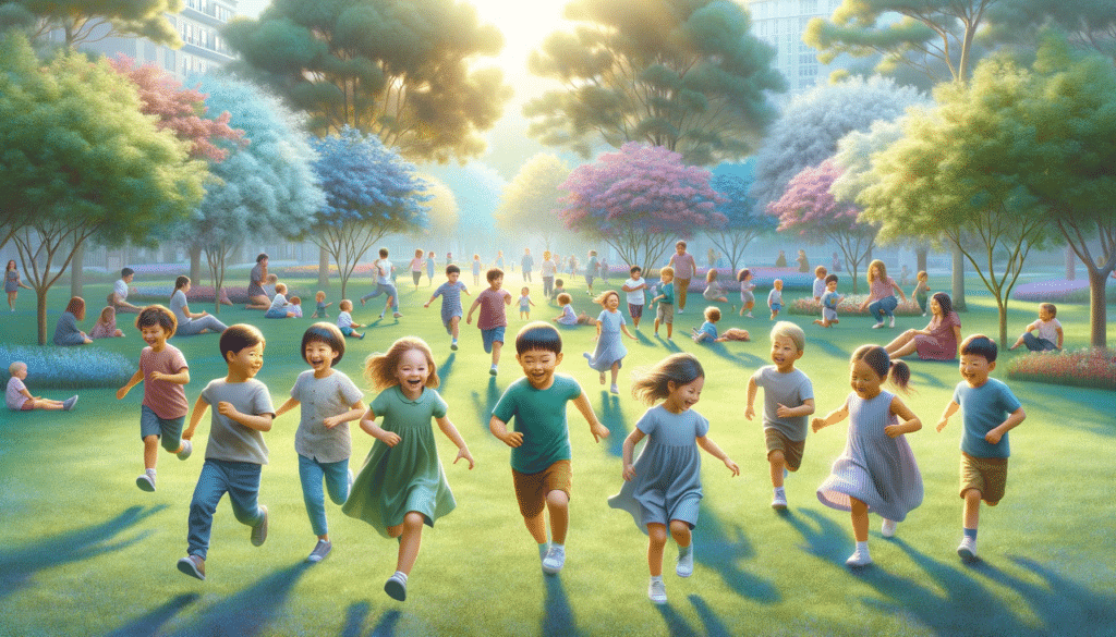 A realistic and vibrant scene of a park filled with children aged 1-5 years old running and playing. The children are a diverse mix of Caucasian, Lati