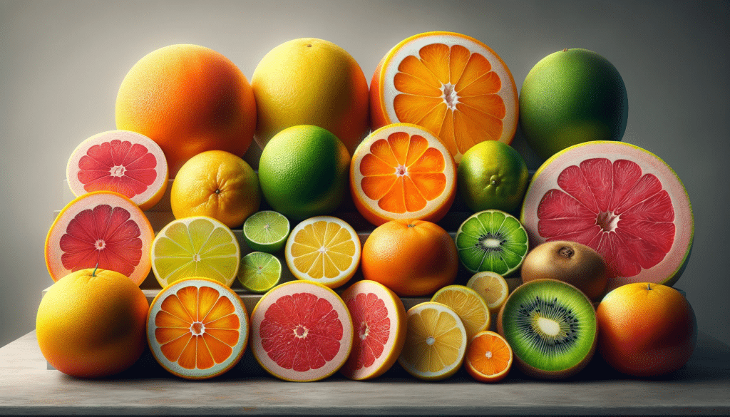 Imagem horizontal realista exibindo uma variedade de frutas cítricas - laranja, limão, lima, toranja, tangerina, kiwi, e pomelo - dispostas lado a lado, algumas inteiras e outras cortadas, destacando suas cores vibrantes e texturas naturais, em um fundo limpo e minimalista para comparação do conteúdo de Vitamina C.