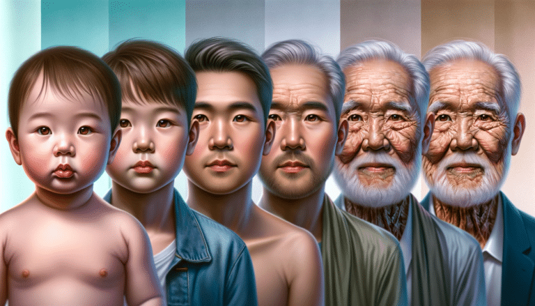 Refiz a imagem conforme solicitado. Agora, a imagem mostra as várias fases da vida de um único homem de origem oriental, começando com o bebê recém-nascido tendo olhos castanhos. A transição é suave até a fase de centenário, com características detalhadas e apropriadas para cada estágio de vida. O fundo muda sutilmente para representar a passagem do tempo, com cores que incluem azul Tiffany, ciano, cinza, branco, marrom e toques de ouro.