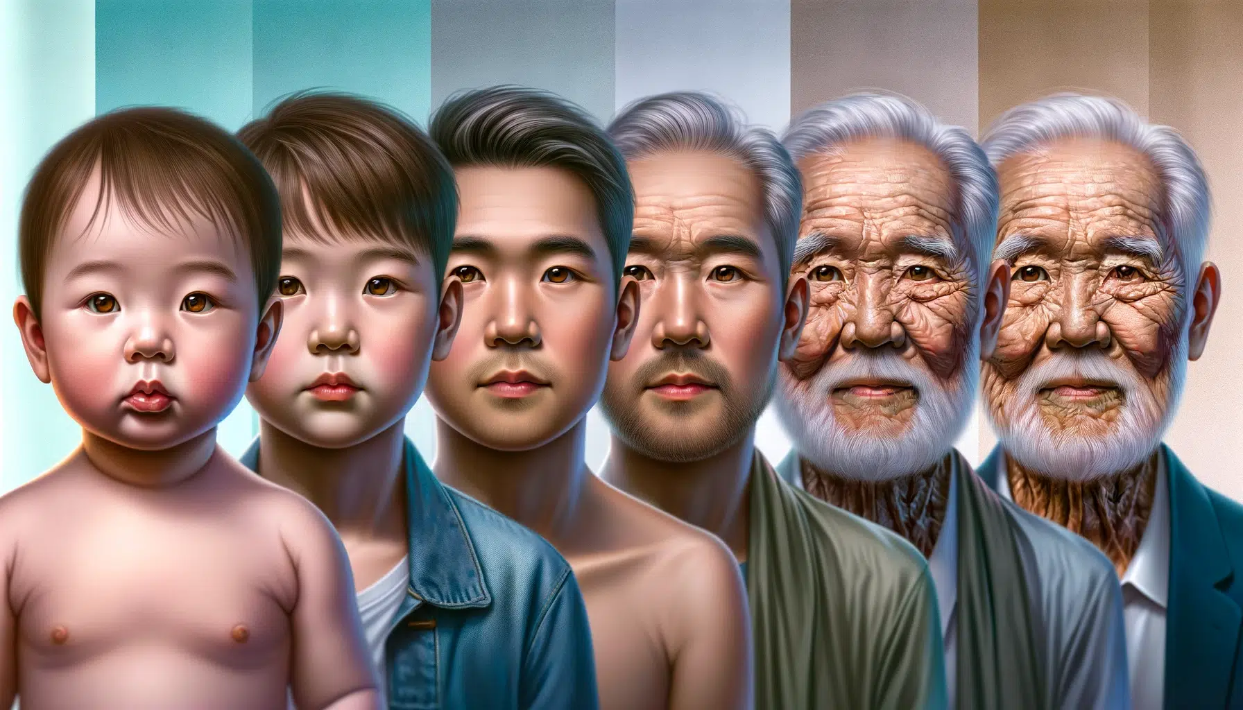 Vida Longa e Saudável: Prevenindo as Principais Causas de Mortalidade em Todas as Idades 1 Refiz a imagem conforme solicitado. Agora, a imagem mostra as várias fases da vida de um único homem de origem oriental, começando com o bebê recém-nascido tendo olhos castanhos. A transição é suave até a fase de centenário, com características detalhadas e apropriadas para cada estágio de vida. O fundo muda sutilmente para representar a passagem do tempo, com cores que incluem azul Tiffany, ciano, cinza, branco, marrom e toques de ouro.