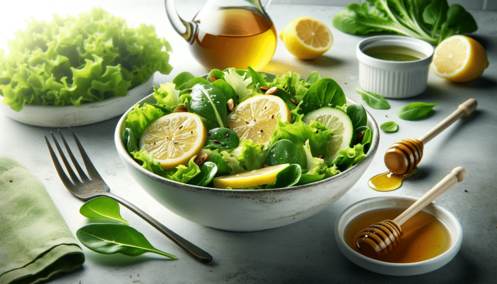 Imagem horizontal realista mostrando uma tigela de salada verde fresca com variedades de folhas verdes, decorada com fatias de limão e regada com molho de limão e mel, em um fundo de cozinha limpo, destacando as cores vibrantes e a frescura dos ingredientes.