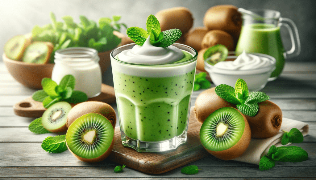"Smoothie de Kiwi com Hortelã e Iogurte". A imagem destaca um smoothie verde vibrante e fresco, acompanhado pelos ingredientes.