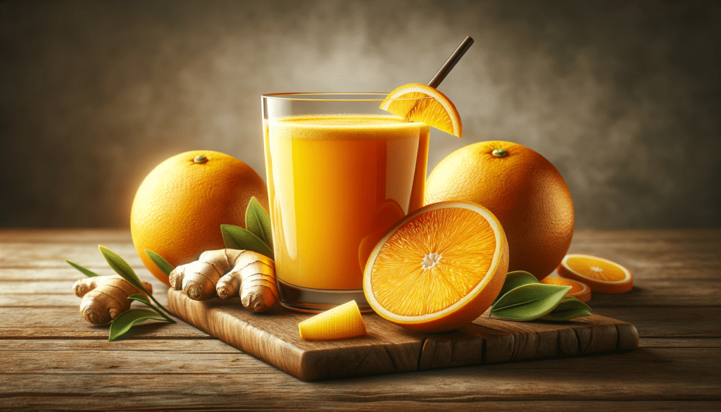 Imagem horizontal realista mostrando um copo de suco de laranja natural espremido na hora com fatias de gengibre ao lado, em um cenário de cozinha que sugere um estilo de vida saudável.