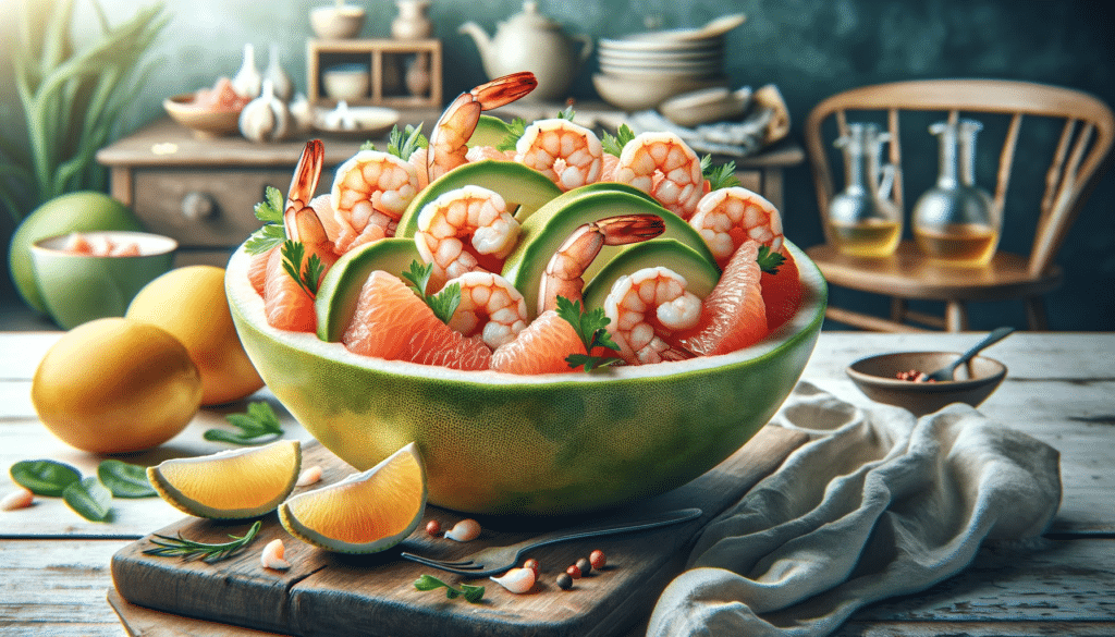 "Salada de Pomelo com Camarões e Abacate". A imagem destaca a combinação colorida e apetitosa dos ingredientes da salada.