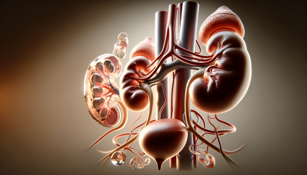 A visually appealing image of the kidneys and urinary tract set against a neutral background. The image should depict the kidneys ureters bladder