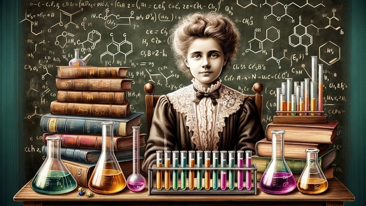 An illustration of young Marie Curie surrounded by test tubes and books, with a chalkboard full of formulas in the background