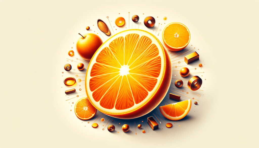 Imagem horizontal destacando uma laranja vibrante e cortada, simbolizando a absorção de ferro, em um fundo simples e claro.