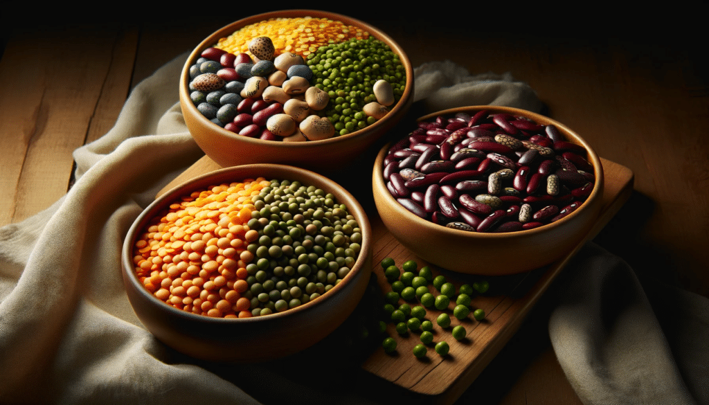 An image showcasing a trio of bowls containing colorful beans, lentils, and peas, arranged elegantly. The lighting in the image should enhance the vib