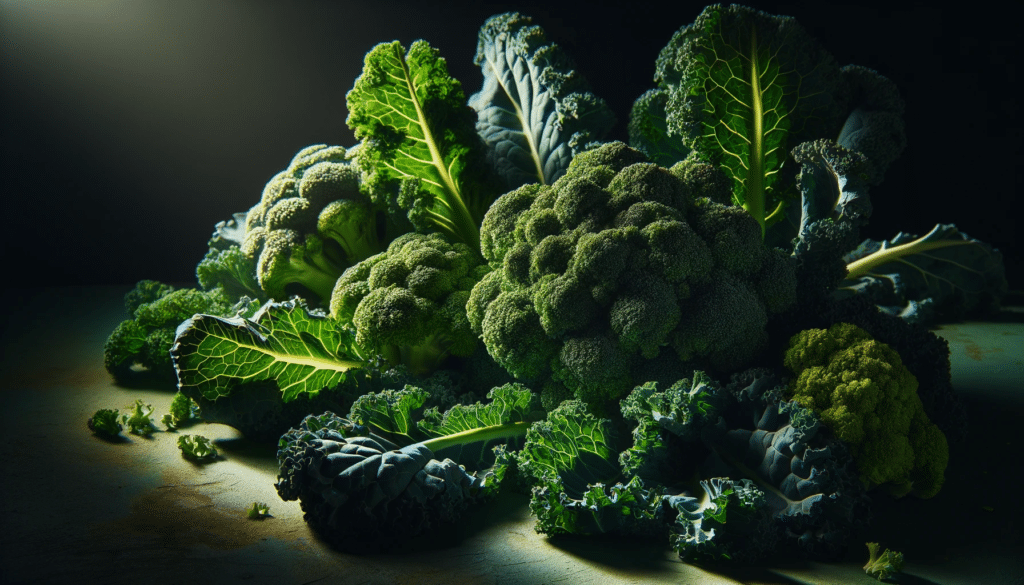 Artistically arranged broccoli and kale leaves, with lighting that emphasizes the texture and vibrant green color of these high-fiber vegetables