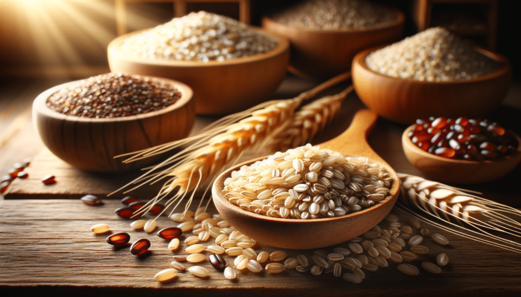 Barley and quinoa grains presented attractively, possibly in wooden spoons. The image is illuminated with soft lights that highlight the texture and n