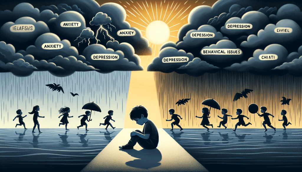 DALL·E 2024 01 01 21.13.00 Horizontal illustration of a child sitting alone surrounded by dark clouds and stormy weather while other children play happily in the sunlight. The