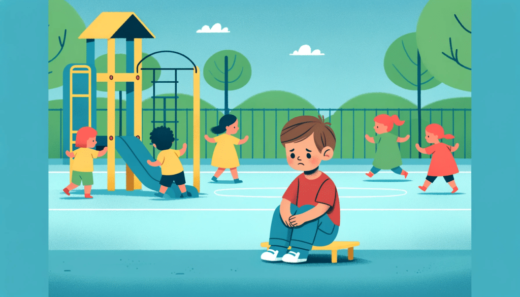 DALL·E 2024 01 01 21.13.36 Horizontal illustration depicting a young child sitting alone on a playground looking thoughtful and distant from a group of playing children in the