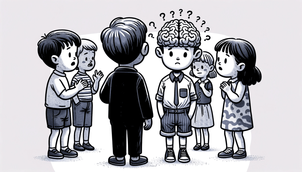 DALL·E 2024 01 01 21.18.41 Horizontal illustration of a young child with an oversized brain standing awkwardly in a group of peers with a puzzled expression. The other children