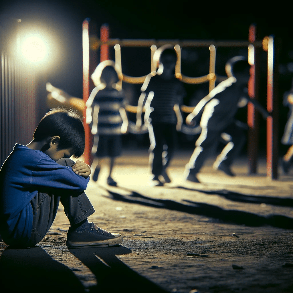 DALL·E 2024 01 01 21.25.38 A child with AHSD sitting alone in the shadows on the side of a playground with their head down and hugging their knees. In the brightly lit backgrou 1