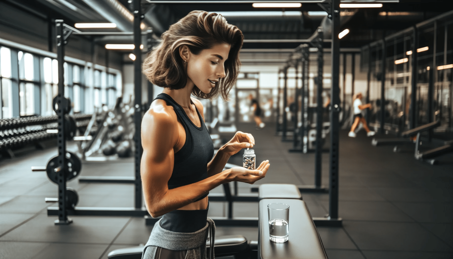 DALL·E 2024 01 05 22.57.55 A natural looking fit woman standing sideways in a gym captured in a candid spontaneous moment. Shes reaching out to pick up a supplement pill fro