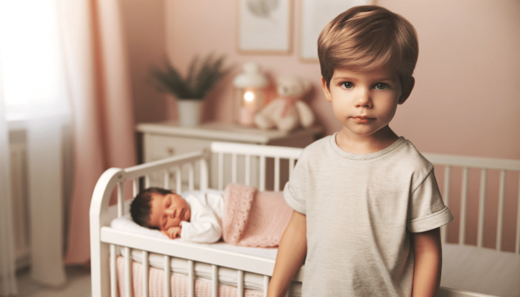 DALL·E 2024 01 07 15.38.20 A young Caucasian boy about 5 years old with an expression of subtle jealousy standing beside a crib where a newborn baby girl is sleeping peaceful