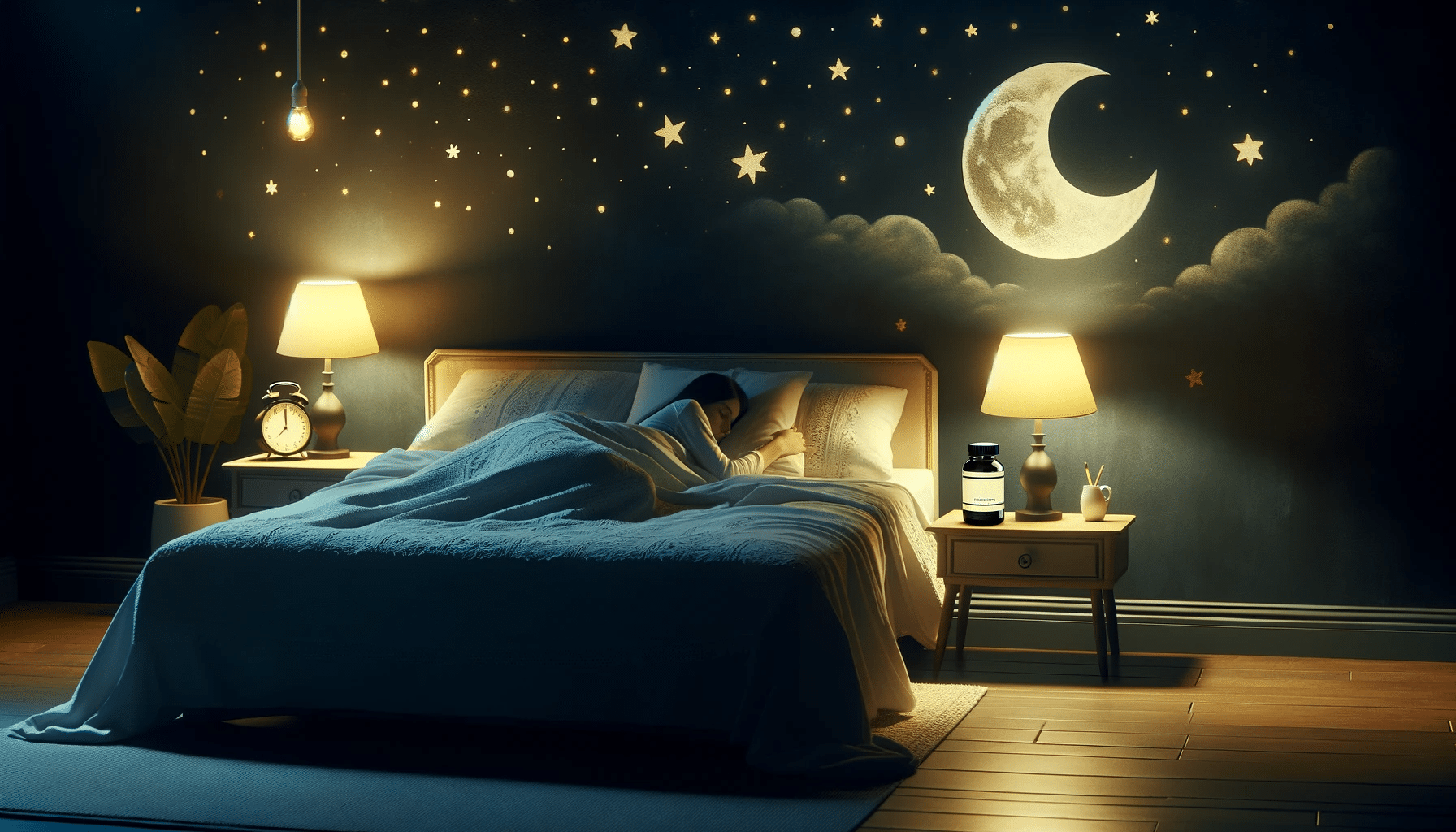 DALL·E 2024 01 07 19.44.35 Horizontal image of a cozy bedroom at night symbolizing sleep. Theres a person lying in bed visible under the soft glow of a bedside lamp. The room