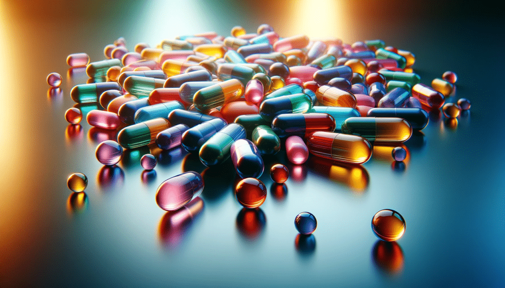 DALL·E 2024 01 09 20.59.24 A visually enhanced horizontal image of colorful multivitamin capsules with improved reflections and lighting. The capsules are scattered on a reflect