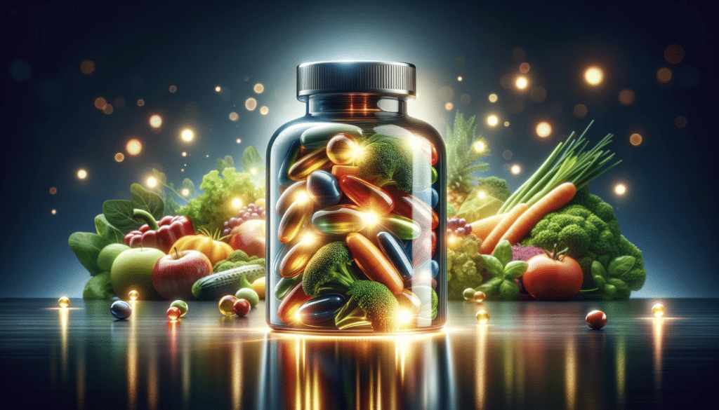 DALL·E 2024 01 09 20.59.29 A sophisticated horizontal image showing a bottle of multivitamins with enhanced reflections and lighting. The bottle is in the foreground with a lum