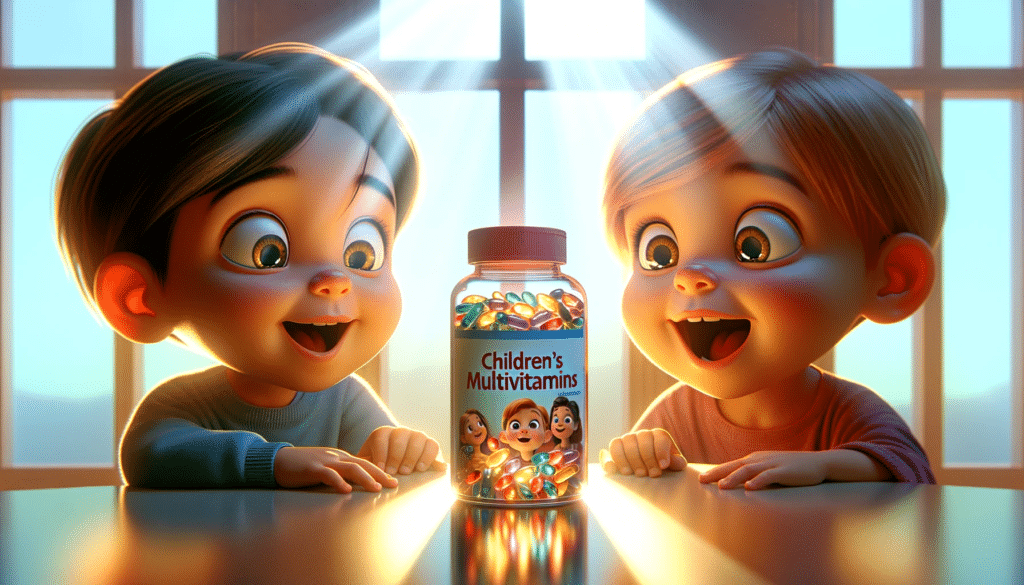 DALL·E 2024 01 09 21.02.01 A heartwarming horizontal image enhanced with better lighting and reflections showing children looking at a bottle of childrens multivitamins. The c