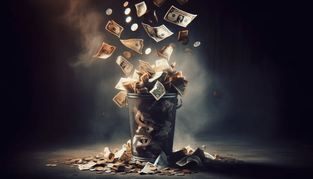 DALL·E 2024 01 09 21.45.51 A dramatic and symbolic image representing the concept of wasting money. The scene shows a trash can overflowing with various currencies including bi
