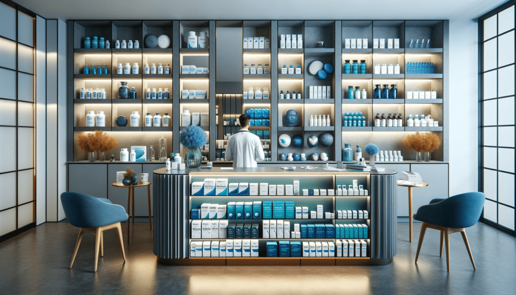 DALL·E 2024 01 27 10.32.52 1. A wide panoramic view of an elegant pharmacy counter displaying an array of tadalafil tablets in various sophisticated packaging designs. The coun