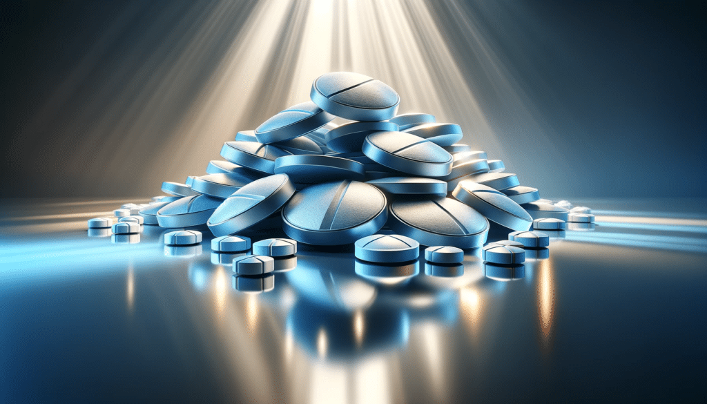 DALL·E 2024 01 27 11.04.36 A close up view of tadalafil tablets artistically displayed on a reflective surface with subtle lighting highlighting their shapes and textures. The