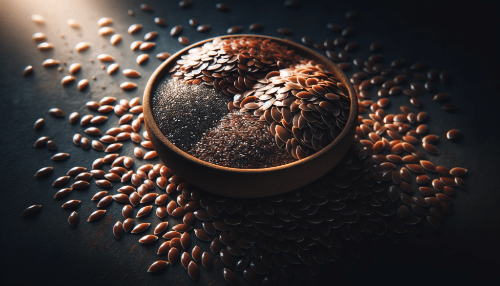 Flaxseeds and chia seeds artistically scattered on a dark background. The seeds are subtly lit to enhance the contrast and the small texture of the se