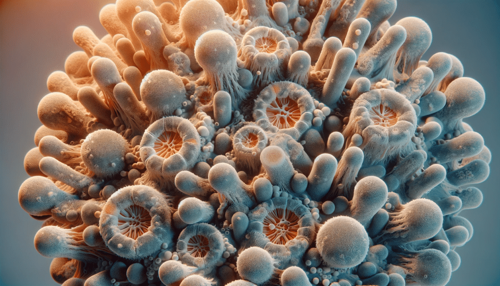 magem horizontal de alta qualidade mostrando uma visão microscópica detalhada do fungo que causa o pé de atleta, com células ou estruturas fúngicas claramente visíveis em um fundo simples adequado para um contexto científico.