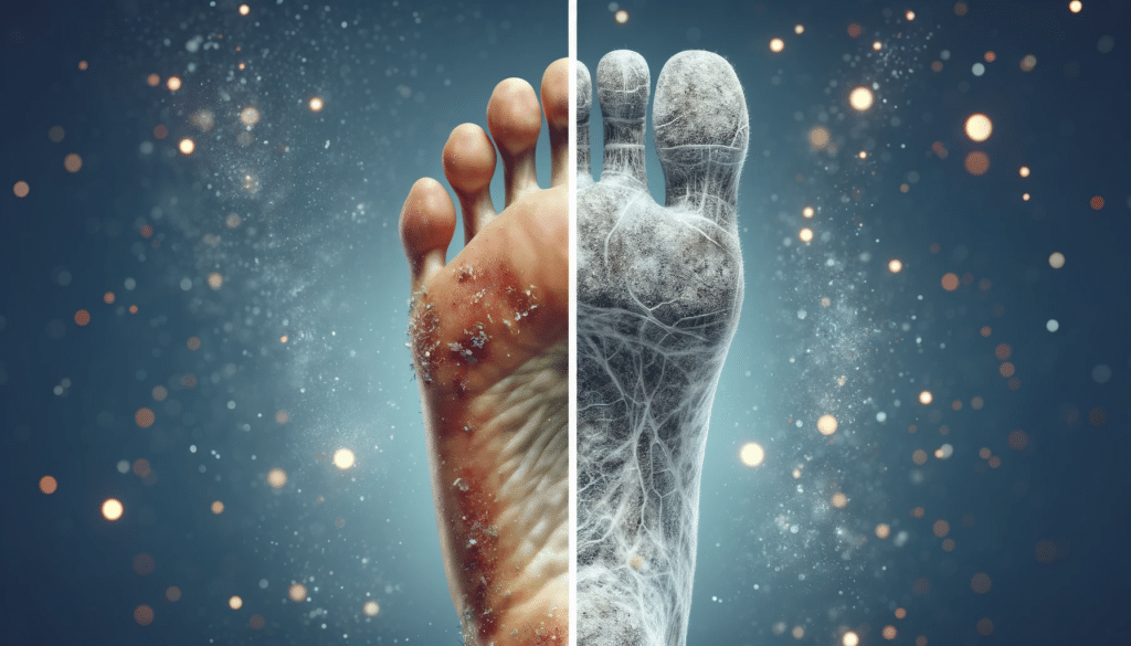 A imagem destaca a eficácia do tratamento, com o lado esquerdo mostrando os sintomas da infecção fúngica e o lado direito mostrando a recuperação com a pele saudável.