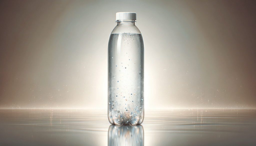 Aqui está a imagem horizontal de uma garrafa de água transparente com microplásticos visíveis, apresentada em um estilo elegante e com um fundo neutro sofisticado.