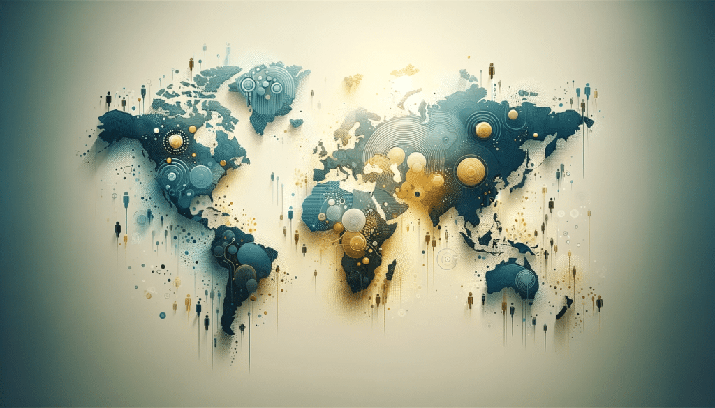 Imagem horizontal com representação estilizada de um mapa mundial em tons de azul, cinza e amarelo, simbolizando a prevalência de um vírus em diferentes regiões, sobre um fundo neutro e sofisticado.