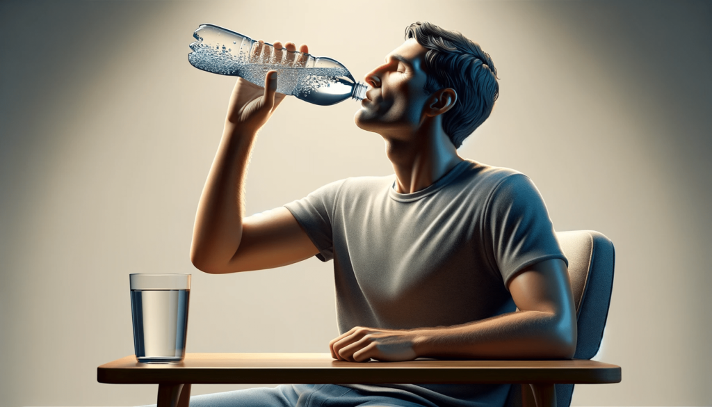 Imagem horizontal de uma pessoa bebendo água de uma garrafa transparente, sem perceber a presença sutil de microplásticos invisíveis na água, com um fundo neutro focando na ação e no perigo oculto.