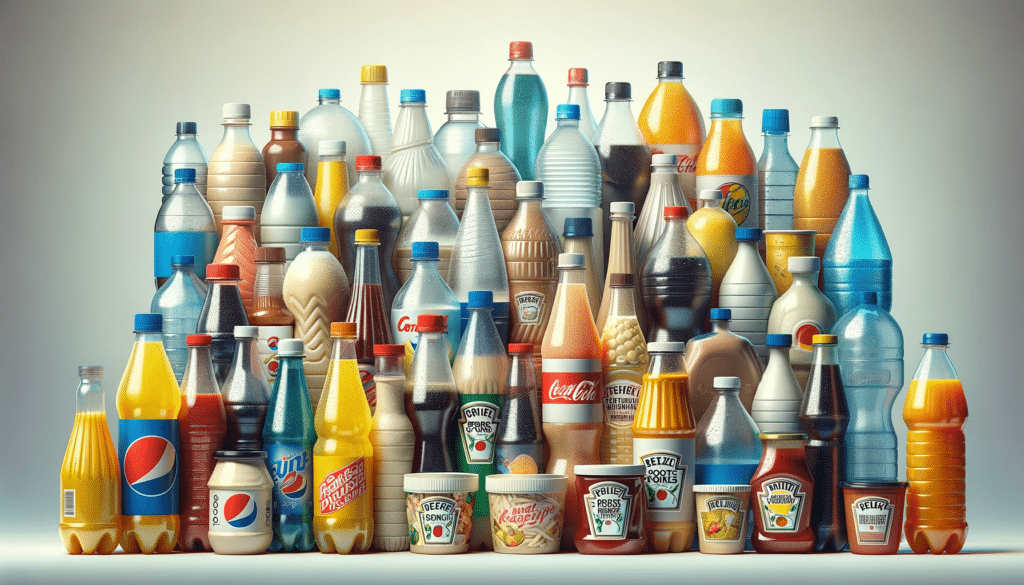 Aqui está a imagem horizontal mostrando uma variedade de produtos, como refrigerantes, bebidas esportivas, ketchup e maionese, em embalagens de plástico.