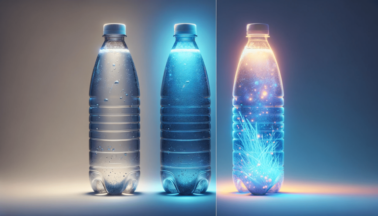 Água Engarrafada e a contaminação por Nanopartículas de plástico 1 Imagem horizontal de duas garrafas de água lado a lado, uma sob luz normal e outra sob luz ultravioleta, revelando a presença de microplásticos na segunda, destacando a diferença oculta entre elas.