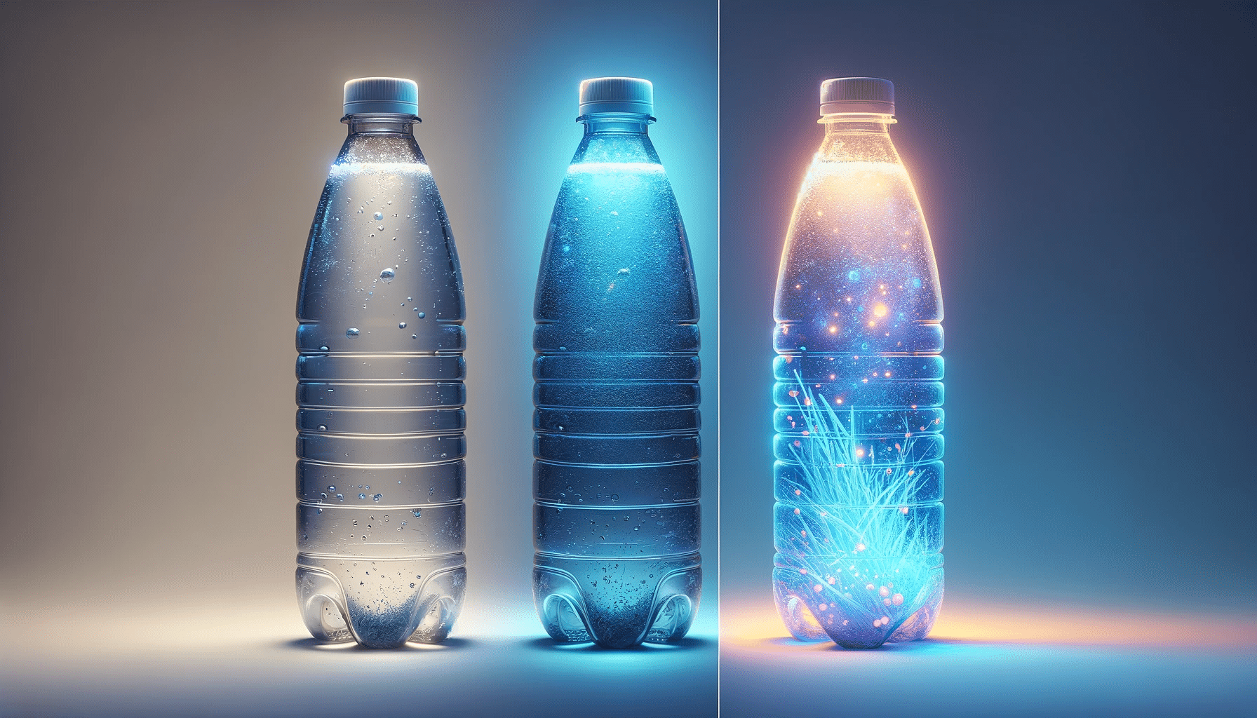 Imagem horizontal de duas garrafas de água lado a lado, uma sob luz normal e outra sob luz ultravioleta, revelando a presença de microplásticos na segunda, destacando a diferença oculta entre elas.