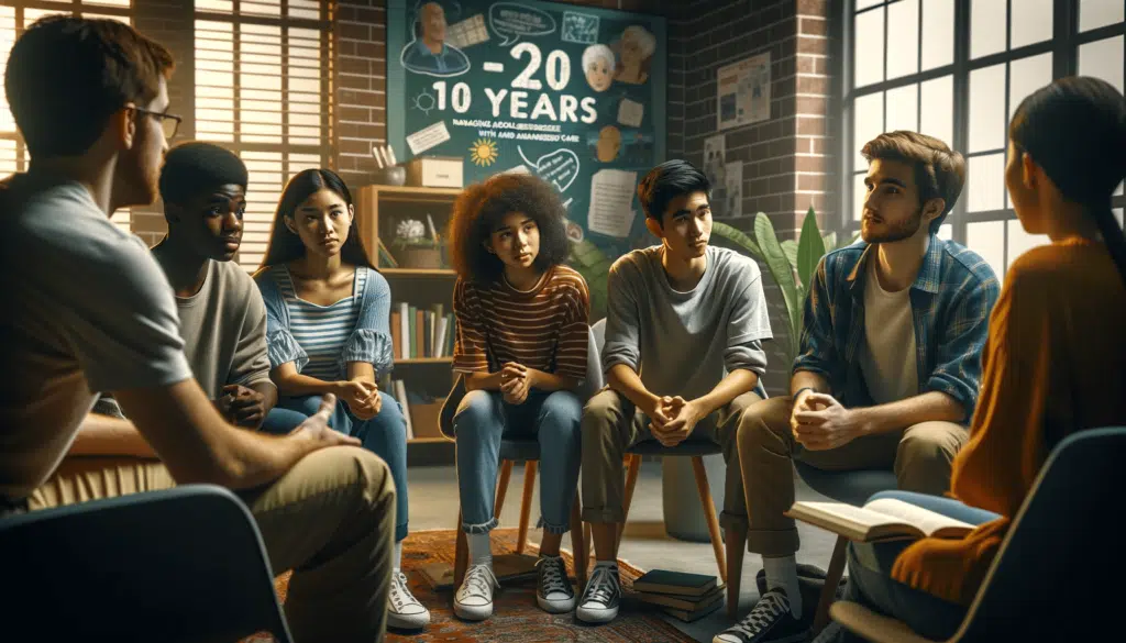 Vida Longa e Saudável: Prevenindo as Principais Causas de Mortalidade em Todas as Idades 6 A imagem criada retrata "10-20 Anos: Navegando pela Adolescência com Consciência e Cuidado" em um estilo realista e horizontal. Ela mostra um grupo diverso de adolescentes, incluindo uma jovem negra, um jovem hispânico e um jovem asiático oriental, sentados juntos em um ambiente escolar moderno. Eles estão envolvidos em uma discussão aberta com um adulto de apoio, possivelmente um professor ou conselheiro, que está fornecendo orientação e ouvindo atentamente. A sala está cheia de materiais educativos e pôsteres sobre saúde mental e questões sociais, simbolizando a importância de compreender e mitigar os desafios e riscos da adolescência. As expressões nos rostos dos adolescentes mostram reflexão e envolvimento, refletindo sua jornada através desta fase significativa e complexa da vida.