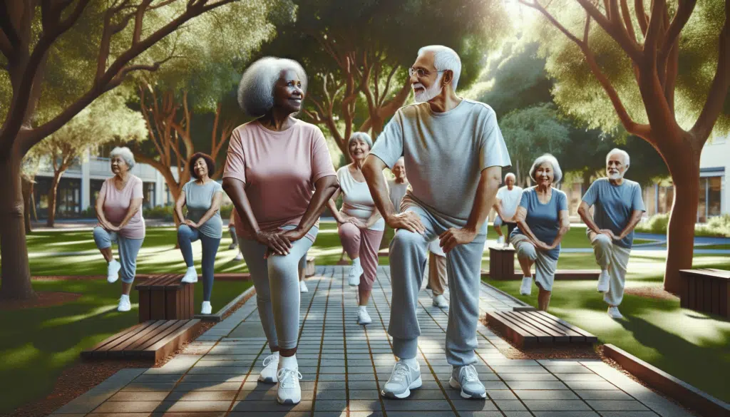 Vida Longa e Saudável: Prevenindo as Principais Causas de Mortalidade em Todas as Idades 14 A imagem criada ilustra "60-80 Anos: Promovendo Saúde e Vitalidade na Terceira Idade" em um estilo realista e horizontal. Ela mostra uma mulher idosa negra e um homem idoso caucasiano, ambos entre 60 e 80 anos, participando de uma aula de exercícios leves ao ar livre em um parque. Eles estão cercados por um grupo de idosos de várias etnias, todos engajados em atividades leves de alongamento e equilíbrio. O parque é sereno, com caminhos para caminhada, bancos e árvores frondosas, representando um ambiente comunitário de apoio e ativo. Os idosos têm expressões de foco e alegria, demonstrando seu compromisso em manter a saúde e a vitalidade por meio de atividade física regular e interação social.