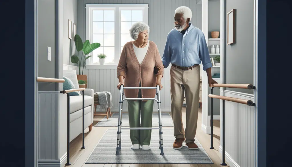 Vida Longa e Saudável: Prevenindo as Principais Causas de Mortalidade em Todas as Idades 15 A imagem criada ilustra "Prevenção de Quedas: Tornar o ambiente doméstico mais seguro para idosos de 70-80 anos" em um estilo realista e horizontal. Ela mostra uma mulher idosa caucasiana e um homem idoso negro, ambos na faixa dos 70-80 anos, em um ambiente doméstico modificado para segurança. A mulher está caminhando com a ajuda de um andador, navegando por um espaço livre de desordens e sem riscos de tropeço. O homem está usando um corrimão robusto instalado ao longo do corredor. A casa é clara e arrumada, com tapetes antiderrapantes e caminhos livres. Barras de segurança estão instaladas em áreas críticas, como o banheiro. Ambos os idosos parecem cautelosos, mas confiantes, movendo-se por seu ambiente doméstico seguro e de apoio.