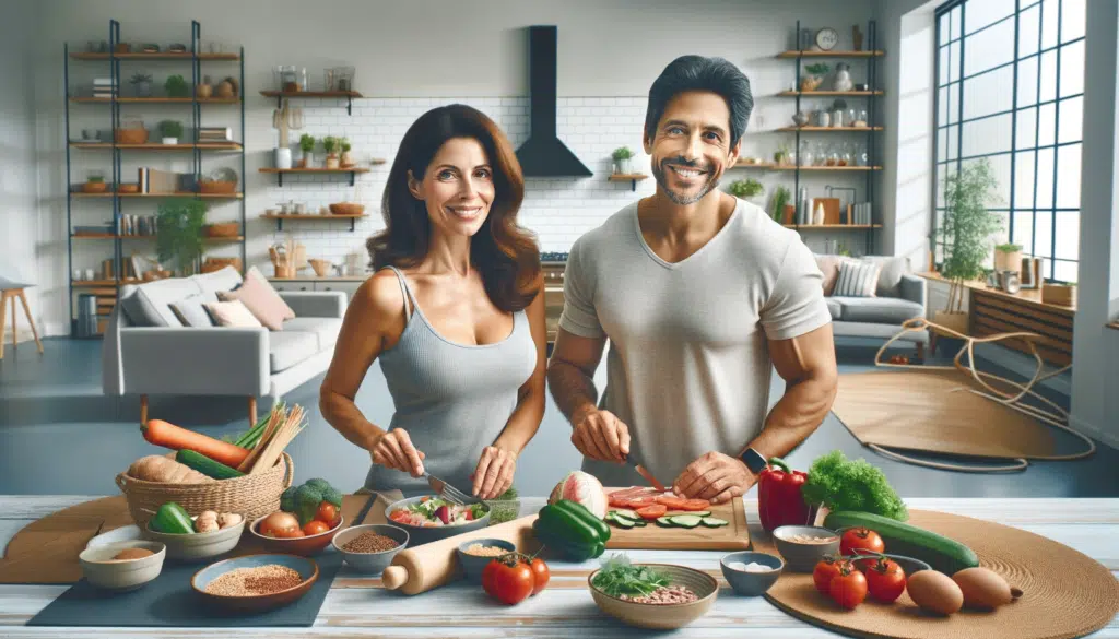 Vida Longa e Saudável: Prevenindo as Principais Causas de Mortalidade em Todas as Idades 12 A imagem criada ilustra "Manutenção de Peso Saudável: Adotar uma dieta equilibrada e manter um regime de exercícios regular" em um estilo realista e horizontal. Ela mostra uma mulher hispânica e um homem caucasiano, ambos entre 40 e 50 anos, envolvidos em uma aula de culinária saudável. A cena mostra eles preparando uma variedade de alimentos nutritivos, como vegetais, proteínas magras e grãos integrais. O fundo inclui um ambiente de cozinha brilhante e moderno. Além disso, há um canto da sala dedicado ao exercício, com tapetes de ioga e pequenos pesos, indicando seu compromisso com a atividade física regular. Ambos os indivíduos estão sorrindo e participando ativamente, refletindo sua dedicação em manter um peso saudável e melhorar o metabolismo através de escolhas de estilo de vida equilibradas.