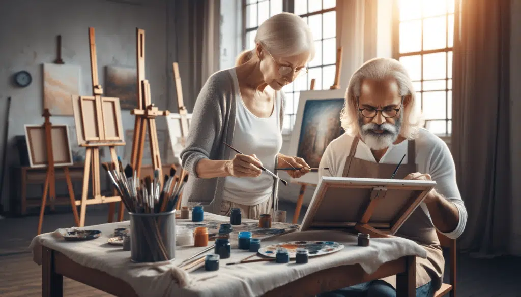 Vida Longa e Saudável: Prevenindo as Principais Causas de Mortalidade em Todas as Idades 13 A imagem recriada ilustra "Gestão de Estresse para Indivíduos com Cerca de 50 Anos" em um estilo realista e horizontal. Ela mostra uma mulher caucasiana mais velha e um homem do Sul Asiático mais velho, ambos aproximadamente 50 anos, em um tranquilo estúdio de pintura. A mulher está profundamente focada em sua tela, usando a pintura como uma forma de relaxamento e expressão criativa. O homem está organizando suas tintas e pincéis, preparando-se para iniciar sua obra de arte. O estúdio está cheio de luz natural, cavaletes e pinturas concluídas, criando um ambiente inspirador e calmante. Ambos os indivíduos mostram sinais de envelhecimento gracioso e estão totalmente engajados em seu hobby, demonstrando como atividades como a pintura podem ser uma estratégia eficaz para gerenciar o estresse nesta fase da vida.