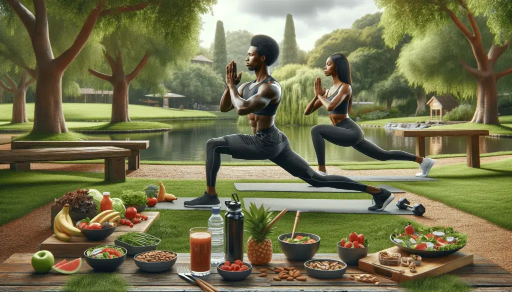 Vida Longa e Saudável: Prevenindo as Principais Causas de Mortalidade em Todas as Idades 9 A imagem recriada mostra uma mulher negra e um homem hispânico vestidos com roupas esportivas, participando ativamente de uma sessão de ioga em um parque sereno. O fundo inclui uma variedade de alimentos saudáveis, como saladas, nozes, smoothies e água em um banco próximo, simbolizando uma dieta equilibrada. O parque é tranquilo, com vegetação exuberante e um lago calmo, representando um ambiente harmonioso para o bem-estar físico e mental. Os indivíduos estão focados e serenos, refletindo os benefícios holísticos de combinar uma dieta saudável com atividade física regular.
