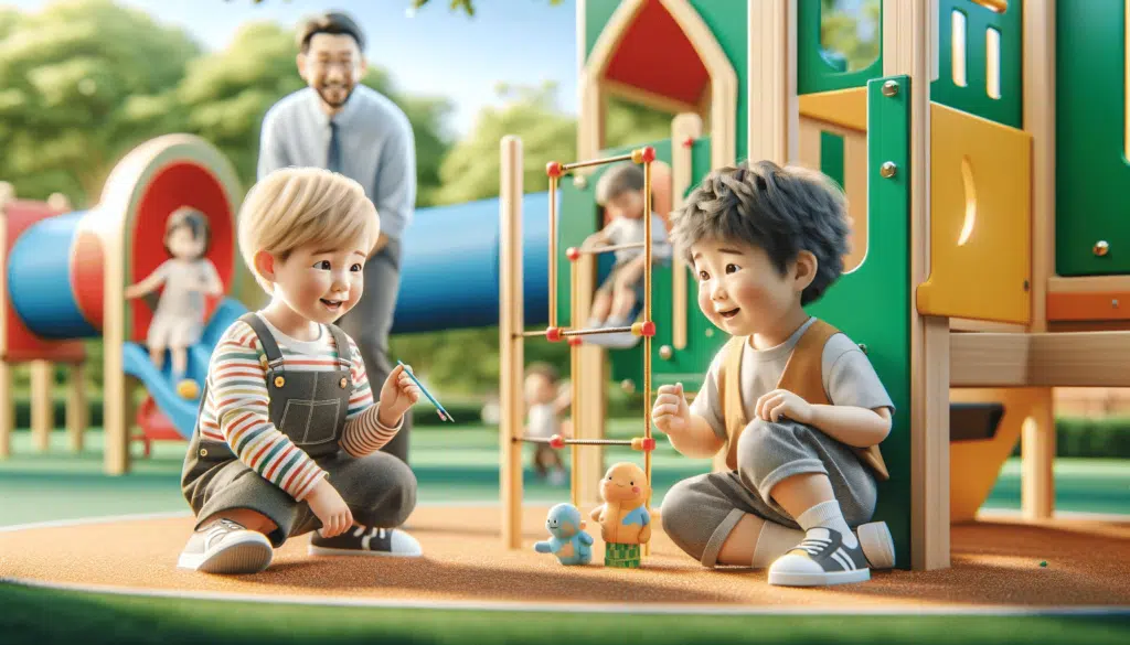 Vida Longa e Saudável: Prevenindo as Principais Causas de Mortalidade em Todas as Idades 3 A imagem criada ilustra o tema "1-10 Anos: Crescimento e Exploração com Segurança" em um estilo realista e horizontal. Ela mostra um bebê caucasiano e uma criança asiática oriental, com cerca de 5 a 6 anos, brincando em um parquinho seguro e bem monitorado. Eles estão envolvidos em atividades como escalar uma pequena estrutura e brincar com brinquedos educativos que incentivam o crescimento e a exploração. O parquinho é cercado por superfícies macias e redes de segurança, com um adulto supervisor vigilante ao fundo. O cenário é brilhante e colorido, com árvores verdes e um céu azul, simbolizando um ambiente acolhedor e seguro para o desenvolvimento das crianças.