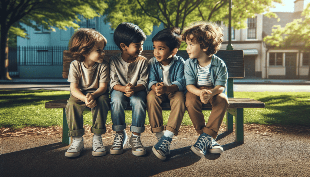 Horizontal, realistic photograph-style image of three children aged 6-10 years old. One child is Caucasian, the second is Hispanic, and the third is E (2)